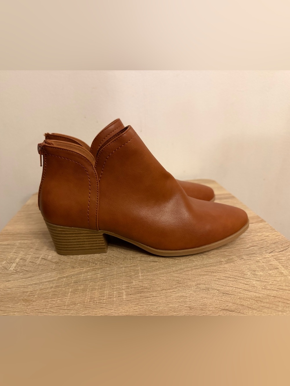 Slip-On Brown Leather Boots Mules with Low Block Heel Size 8